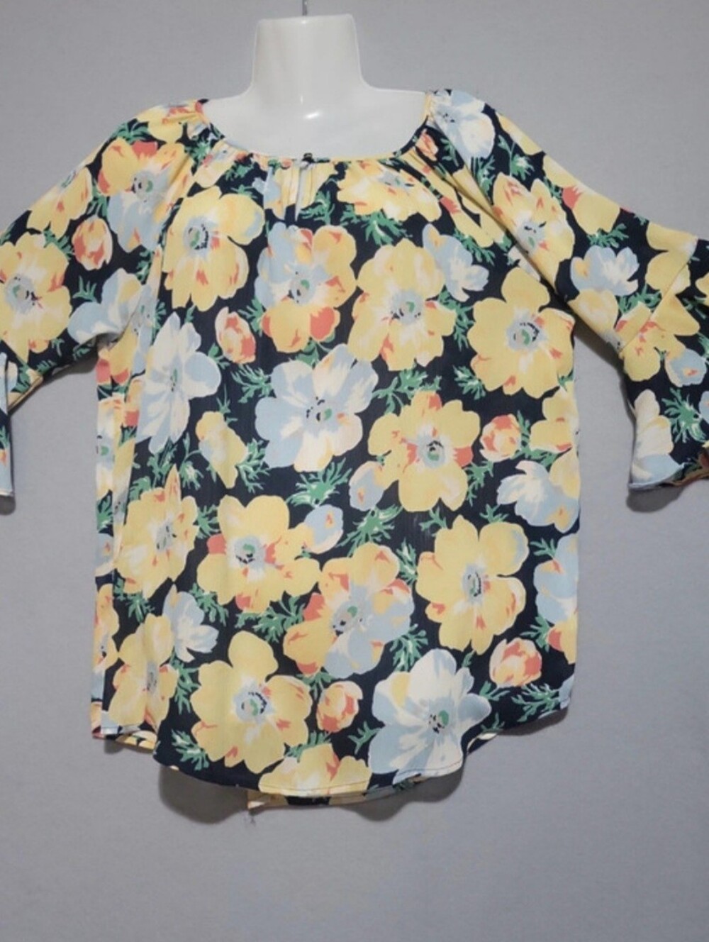 Chaps Floral Peasant Blouse Yellow White Blue Flowers, Bell/Ruffle Sleeves, Sz M